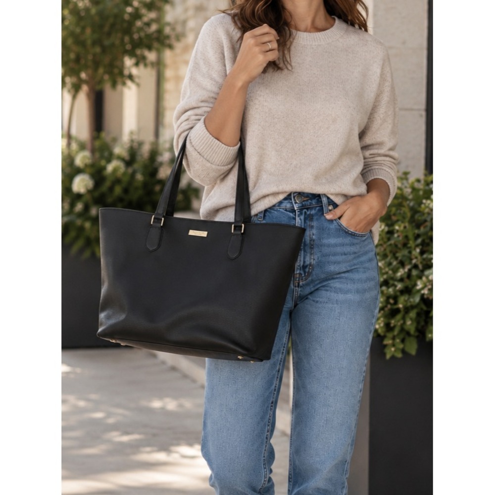 Kate Spade New York Black Saffiano Leather Large Tote Bag Zip Top Shoulder Purse
